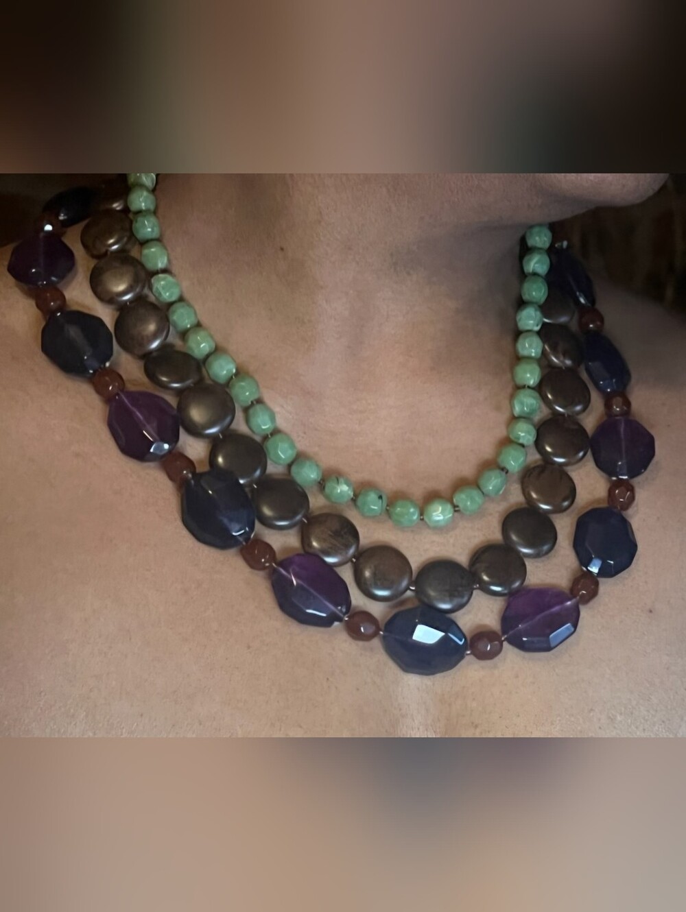 Triple-Strand Beaded Necklace in Mint Green, Brown and Purple - Women Jewelry